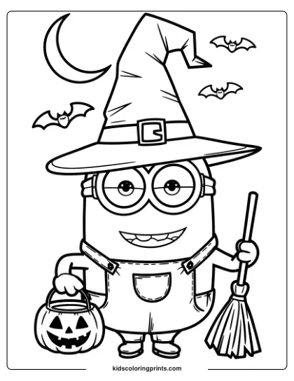 A Halloween Minion Coloring Page Showcasing A Minion In A Witch's Hat With Bats And A Crescent Moon In The Background.
