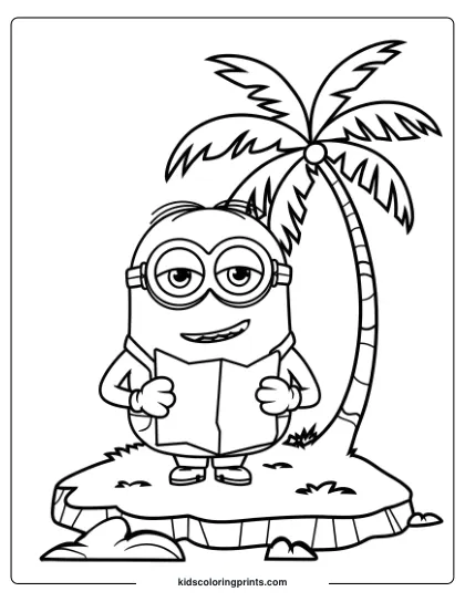 A Tropical Minion Coloring Page With A Minion Holding A Map On A Small Island Surrounded By A Palm Tree.