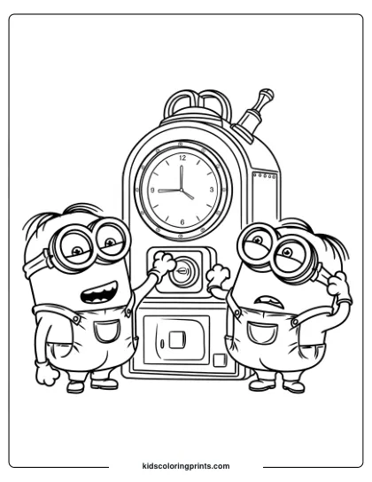 A Playful Minion Coloring Page With Two Minions Interacting With A Time Machine Full Of Buttons And Dials.