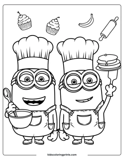 A Cooking-Themed Minion Coloring Page Featuring Two Chef Minions Baking With Bowls, Whisks, And Pancakes.