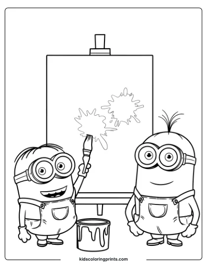 A Painting-Themed Minion Coloring Page Showcasing Two Minions Creating Art With Brushes, Paint Buckets, And A Canvas.