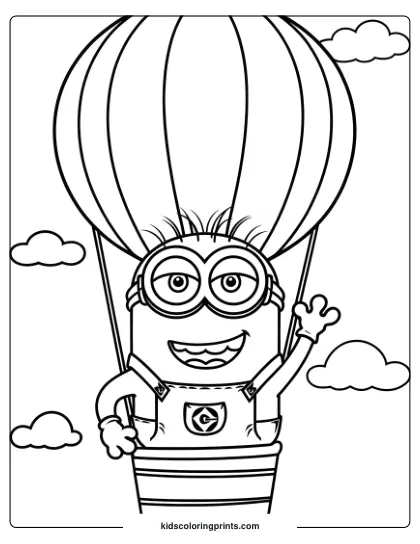 A Minion Coloring Page With A Minion Soaring In A Hot Air Balloon, Enjoying A Sunny Adventure.