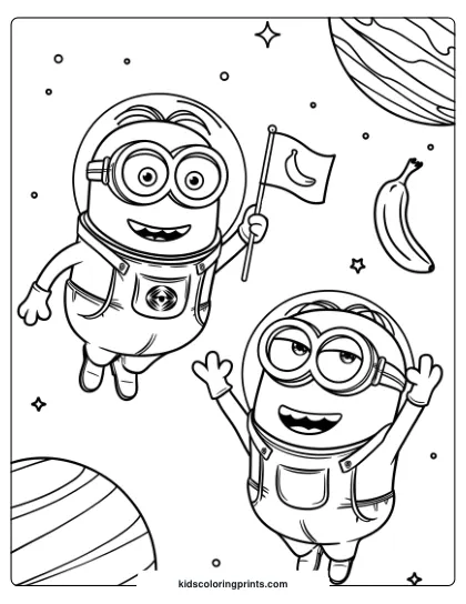 A Space-Themed Minion Coloring Page With Two Minions Floating Among Stars, Planets, And A Banana Flag.
