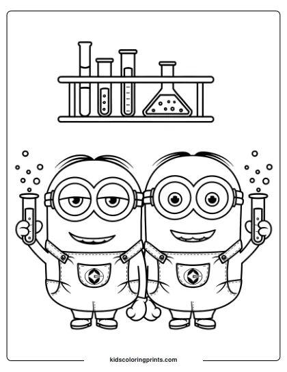 A Minion Coloring Page With Two Minions In A Laboratory Holding Test Tubes Filled With Bubbles And Having Fun.