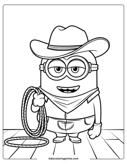 A Western-Themed Minion Coloring Page Showcasing A Cowboy Minion With A Hat, Rope, And Adventurous Spirit.