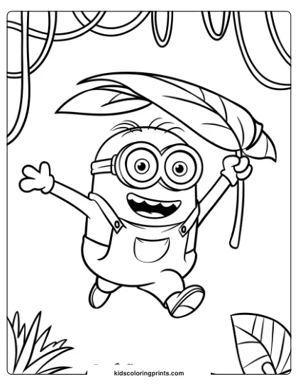 A Minion Coloring Page Featuring A Jungle Scene With A Minion Mid-Jump Holding A Large Leaf For Adventurous Fun.