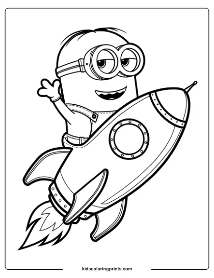 A Thrilling Minion Coloring Page Of A Minion Enjoying A Rocket Ride With Flames And A Cheerful Expression.