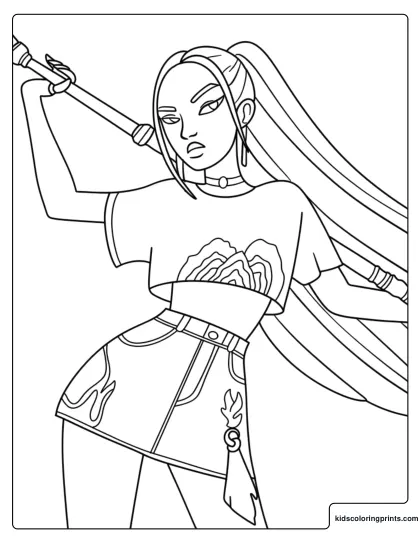 Mira Battle Pose Coloring Page Swinging A Staff Over Her Shoulder