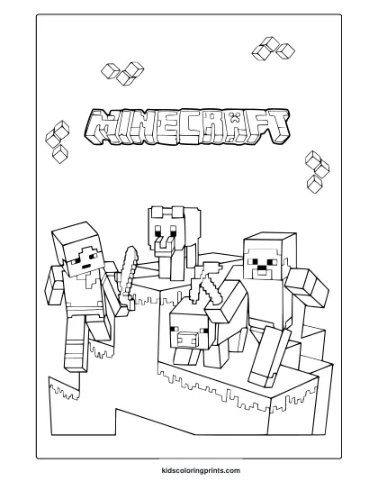 Minecraft Mobs Coloring Page With Characters And Floating Cubes In Bold, Pixelated Minecraft Style.