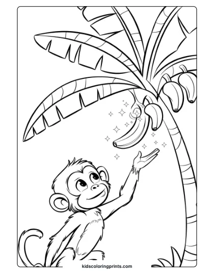 A Coloring Page Featuring A Curious Monkey Reaching For A Magical Banana On A Leafy Tree.
