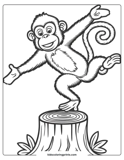 Coloring Page Of A Monkey Balancing On A Tree Stump, Looking Cheerful With Outstretched Arms.