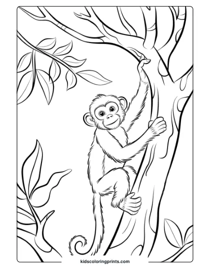 This Coloring Page Shows A Curious Young Monkey Climbing A Leafy Tree Branch With Ease.