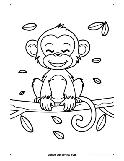 A Jungle-Themed Coloring Page Of A Happy Monkey Sitting On A Branch, Enjoying A Gentle Breeze.