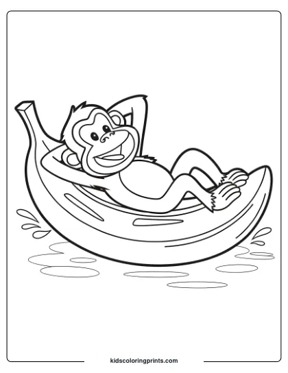 This Coloring Page Shows A Joyful Monkey Relaxing On A Banana Boat, Surrounded By Gentle Waves.