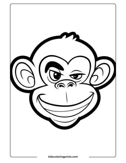 Coloring Page Of A Stylized Monkey Face With A Mischievous Grin, Conveying Playful Charm.