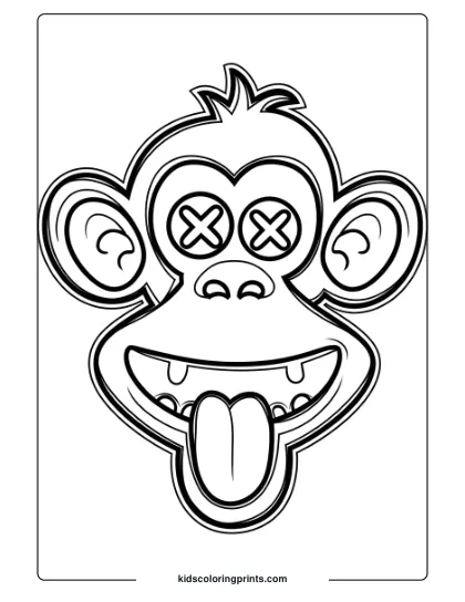 Coloring Page Of A Cartoon Monkey Face Making A Silly Expression With Large Eyes And A Broad Smile.