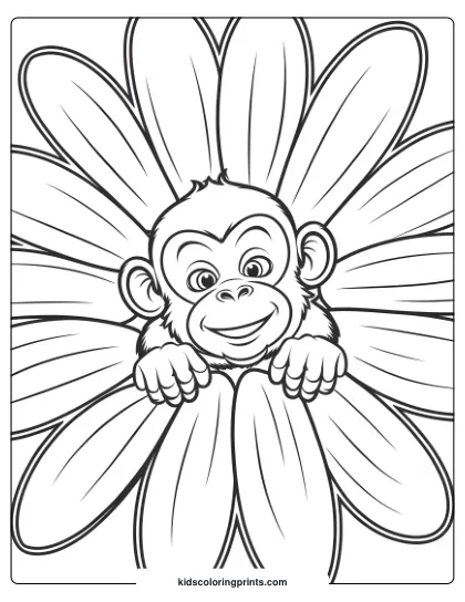 Coloring Page Of A Cheerful Monkey Peeking Out From A Large Flower, Surrounded By Vibrant Petals.