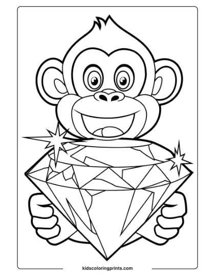 This Coloring Page Shows A Cheerful Monkey Holding A Sparkling Gem, Creating A Fun And Exciting Scene.
