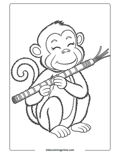 This Coloring Page Shows A Content Monkey Playing A Flute, Adding A Musical Touch To The Jungle Scene.