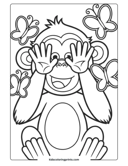 A Coloring Page Of A Happy Monkey Playing Peek-A-Boo With Butterflies, Giving A Whimsical And Joyful Vibe.