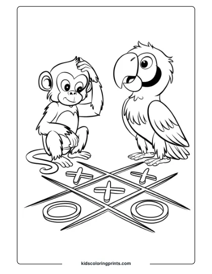 This Coloring Page Features A Monkey And Parrot Playing Tic-Tac-Toe, Creating A Fun And Friendly Moment.