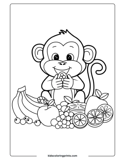 A Coloring Page Showing A Happy Monkey Surrounded By Fruits, Eagerly Tasting Each One With Delight.