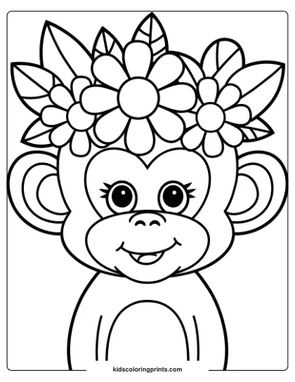 This Coloring Page Shows A Cheerful Monkey With A Crown Of Flowers, Creating A Playful And Festive Look.