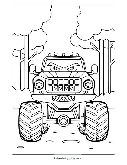 Monster Face Truck With Sharp Teeth In A Natural Setting, Fierce And Spooky Themed Coloring Page.