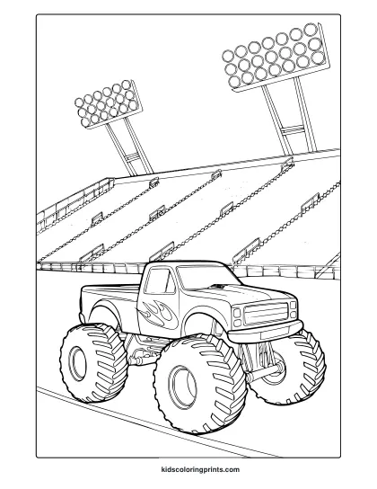 Monster Truck With Flame Design In Front Of A Stadium, High Energy Event Scene On A Coloring Page.