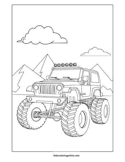 Monster Truck Jeep With Large Wheels In A Mountain Scene, Rugged And Off Road Themed Coloring Page.