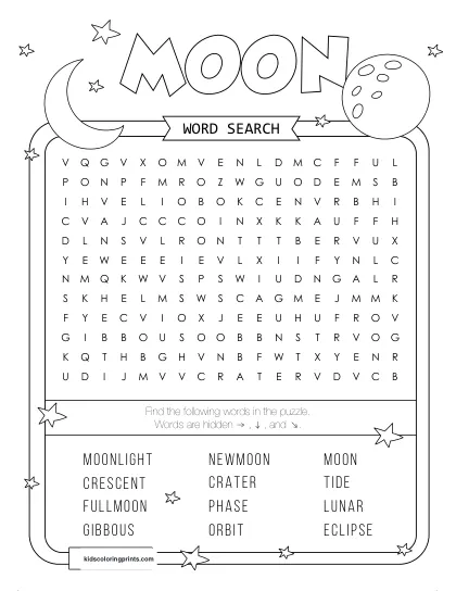 Free Printable Moon Word Search Puzzle With 12 Words From Moon To Crater.