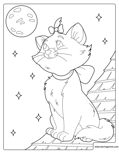 Kitten Coloring Page Featuring A Cute Bow-Tied Kitten Sitting On A Rooftop Under The Moon.