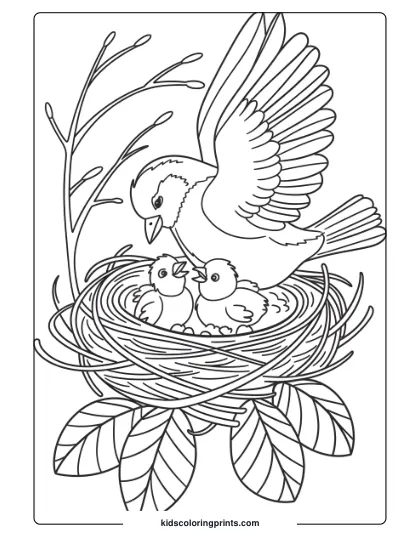 A Mother Bird With Chicks In A Nest, Ideal For A Family-Oriented Bird Coloring Page.