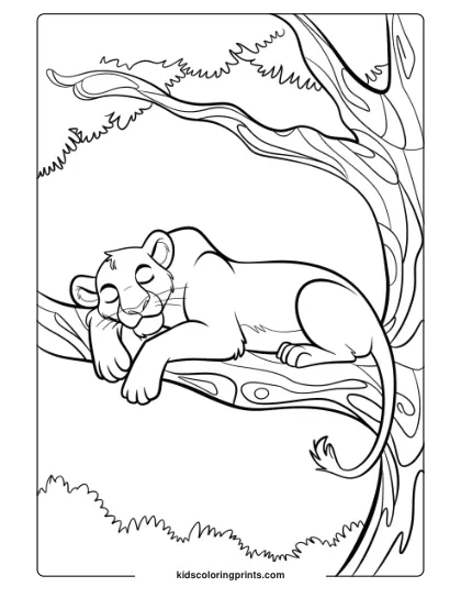 A Lion Resting On A Detailed Tree Branch, Creating A Relaxing Scene For Children To Color In This Beautiful Lion Coloring Page.