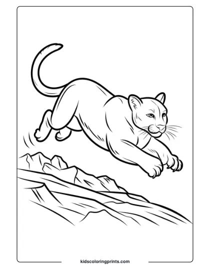 A Mountain Lion In Mid-Leap Over Rocks, Featured In This Detailed Coloring Page For Children To Explore.