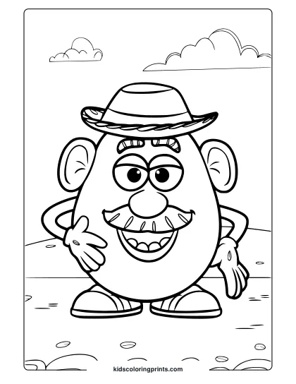 A Toy Story Mr. Potato Head Coloring Page Showing The Character Outdoors With Sunglasses, A Hat, And A Cheerful Expression.