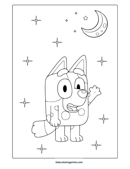 Muffin From Bluey Coloring Page With Stars, A Crescent Moon, And A Smiling Character In The Center.