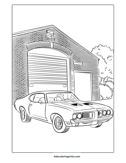 A Classic Muscle Car With A Wide Grille In Front Of A Garage, Perfect For A Muscle Car Coloring Page.