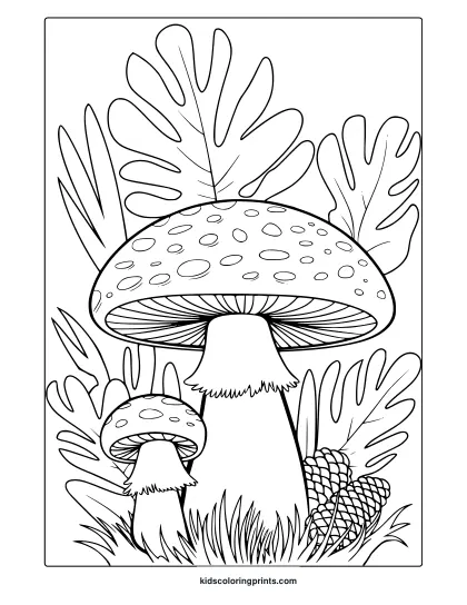 Forest Mushrooms With Slender Stems And Ferns In A Calm, Natural Setting On This Coloring Page.