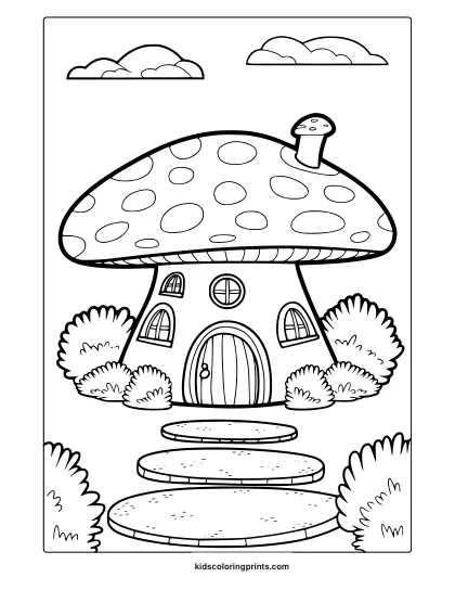 Whimsical Mushroom-Shaped House With Windows And Chimney In A Magical Setting For A Fun Coloring Page.