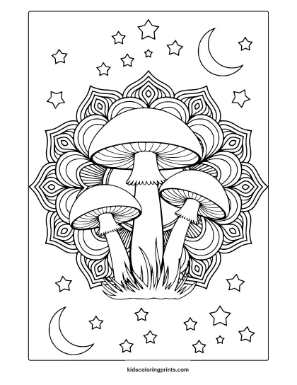 Intricate Mushroom At The Center Of A Mandala Pattern In This Relaxing And Artistic Coloring Page.
