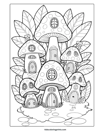 Cozy Mushroom Village With Tiny Homes And Pathways Featured In This Charming Coloring Page.