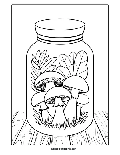 Mushrooms And Leaves Arranged In A Jar On A Flat Surface In This Cozy And Creative Coloring Page.