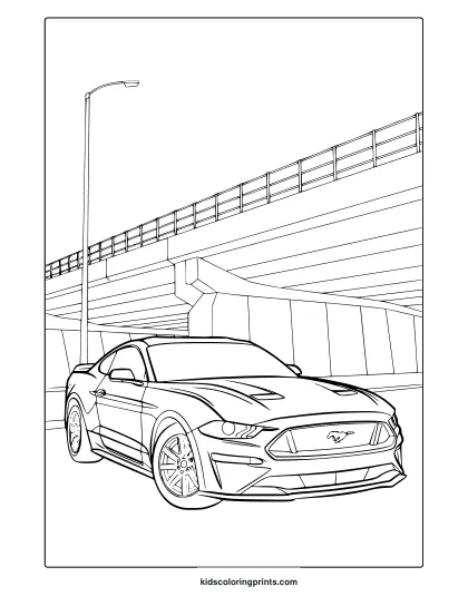 A Detailed Mustang Sports Car Under An Overpass, Great For A Mustang Car Coloring Page.