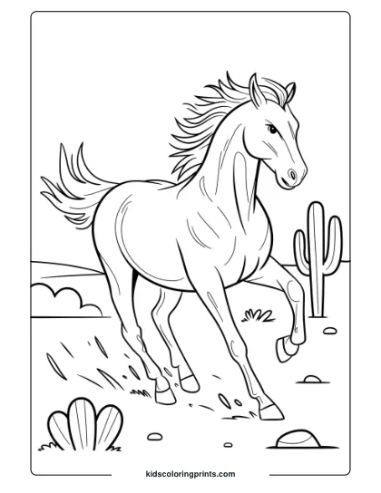 A Mustang Horse Running In The Desert, Capturing The Untamed Spirit In A Coloring Page.