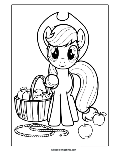 Applejack Coloring Page With A Basket Of Apples And A Country Theme.