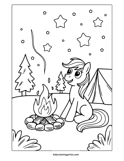 My Little Pony Camping Trip Coloring Page With A Pony And Campfire.