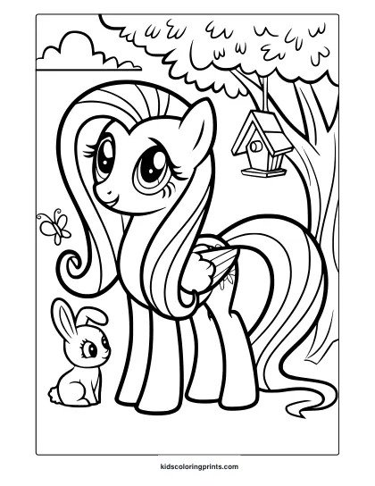 Fluttershy Coloring Page With A Rabbit, Butterfly, And Peaceful Outdoor Scene.