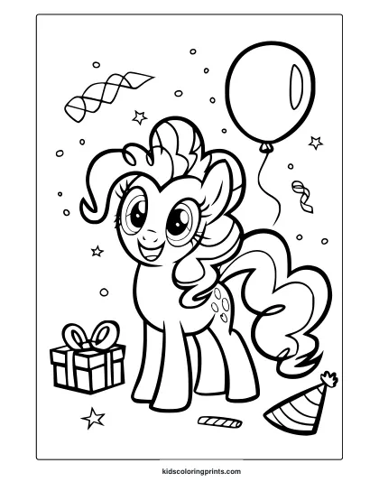 Pinkie Pie Coloring Page With Balloons, Confetti, And A Cheerful Party Theme.
