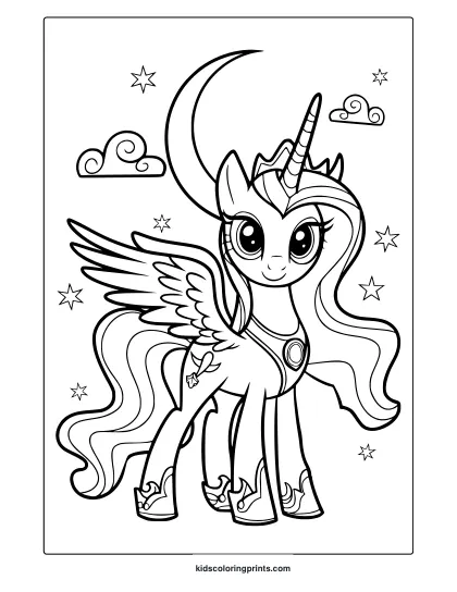 Princess Luna Coloring Page With Wings, A Crescent Moon, And Stars.